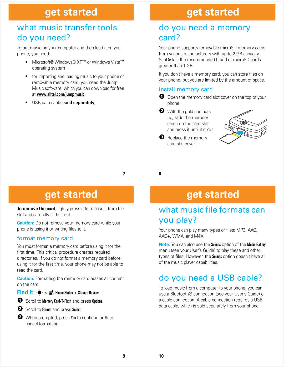 Motorola Z6M What music file formats can, You play?, Do you need a USB cable?, Install memory card, Format memory card 