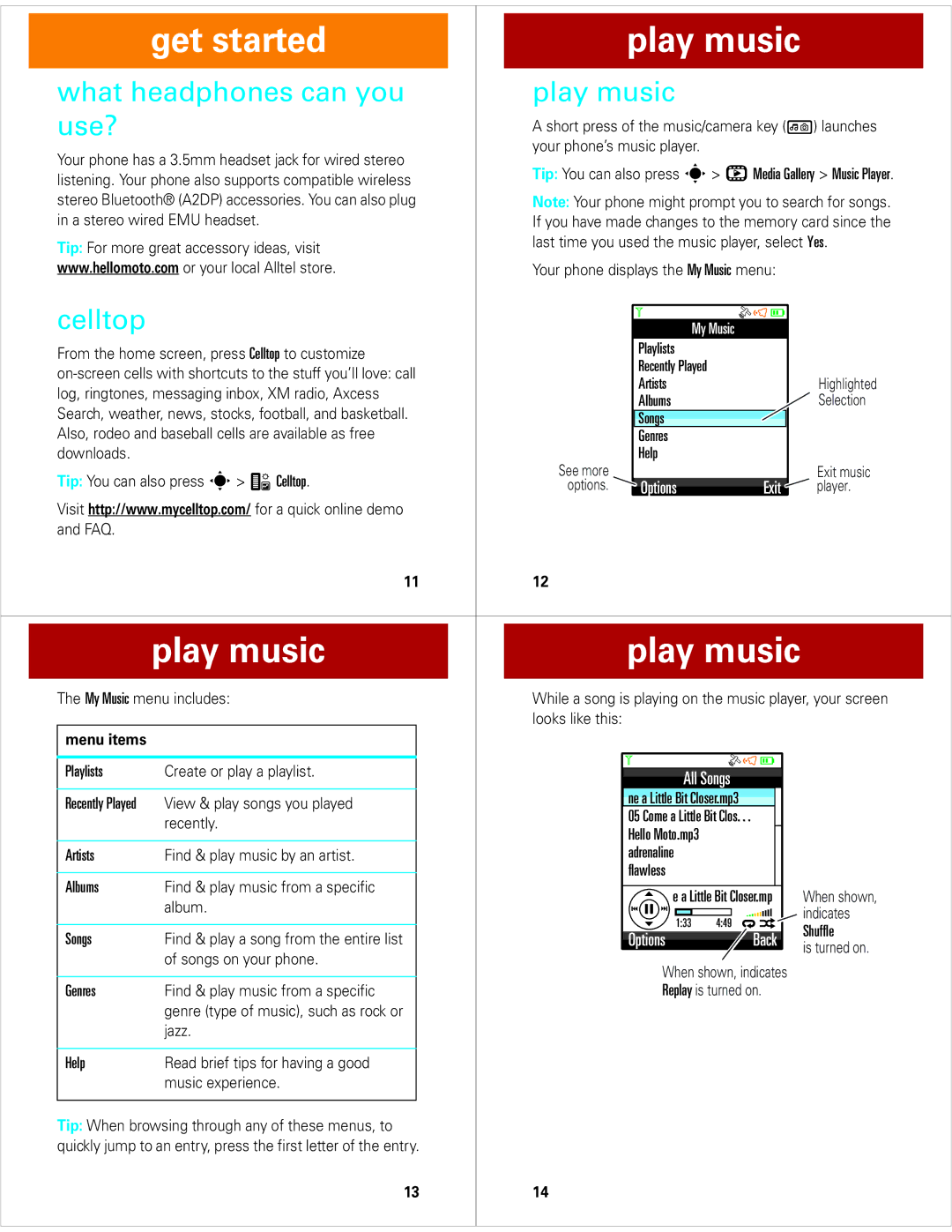 Motorola Z6M quick start Get started Play music, What headphones can you Play music, Use?, Celltop 