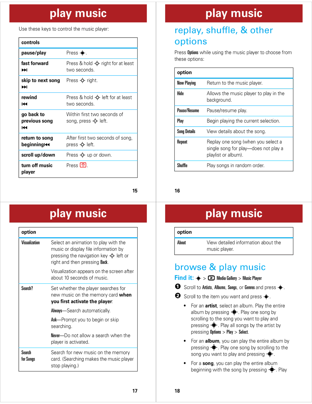Motorola Z6M quick start Replay, shuffle, & other, Options, Browse & play music 