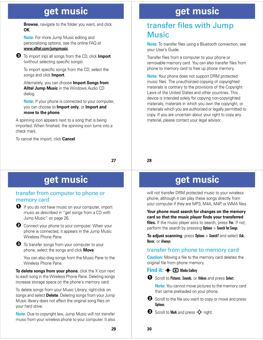 Motorola Z6M quick start Transfer files with Jump Music, Transfer from computer to phone or, Memory card, Move to the phone 