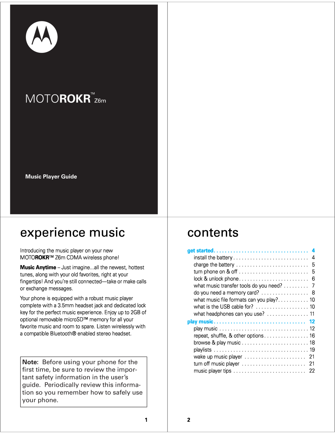 Motorola Z6M manual experience music, contents, MOTOROKR Z6m, Note Before using your phone for the, Music Player Guide 