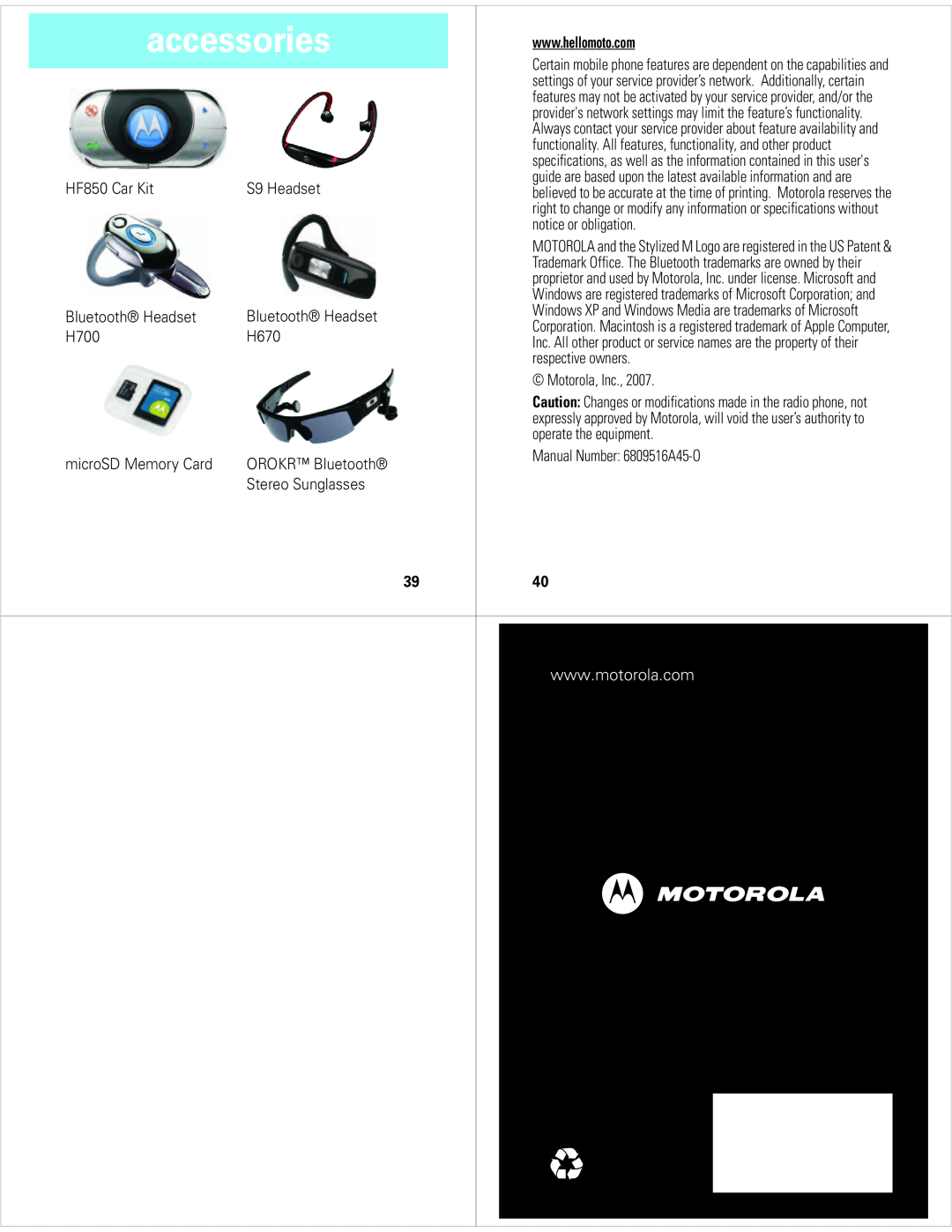 Motorola Z6M manual accessories, Bluetooth Headset, OROKR Bluetooth 