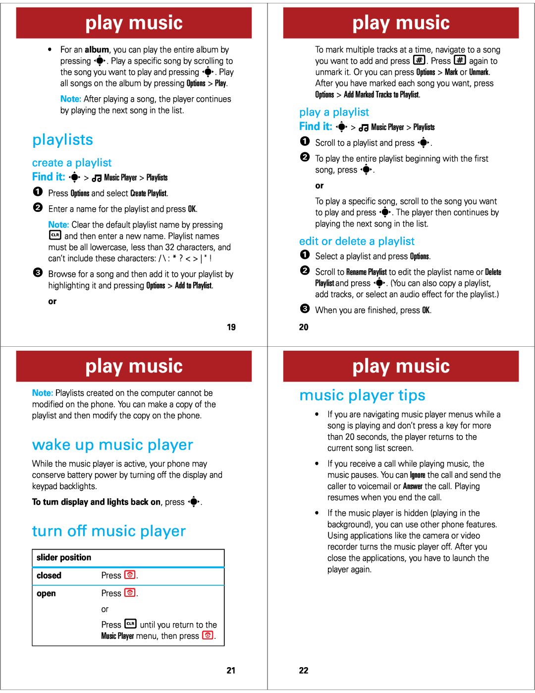 Motorola Z6M playlists, music player tips, wake up music player, turn off music player, play a playlist, create a playlist 