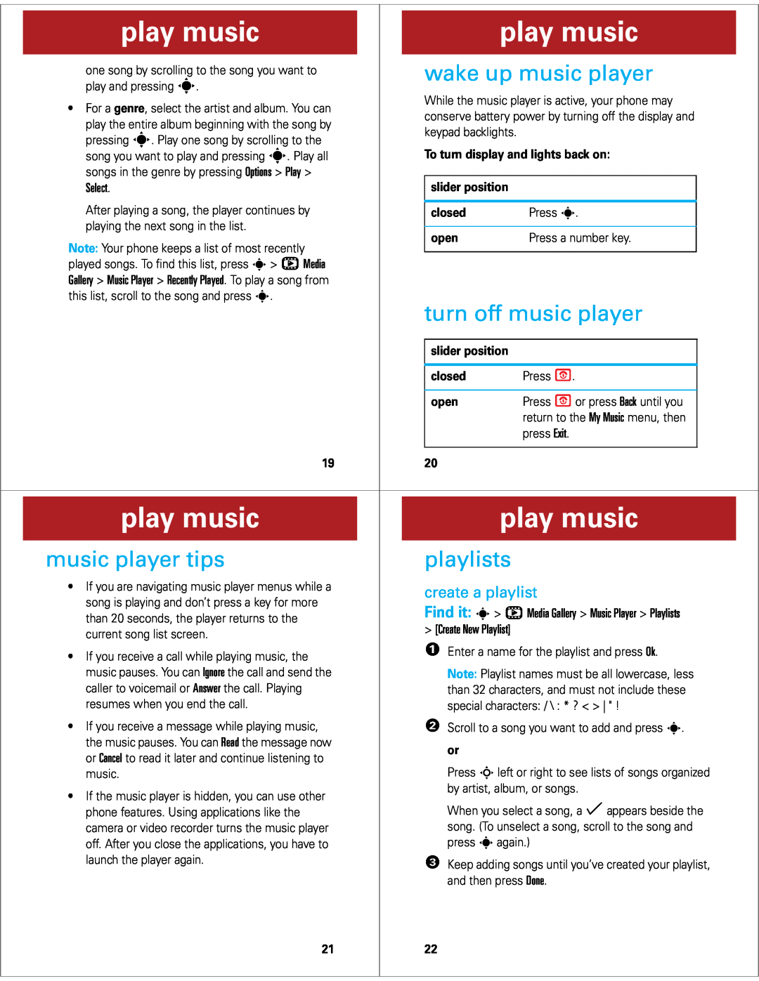 Motorola Z6M wake up music player, turn off music player, music player tips, playlists, create a playlist, play music 