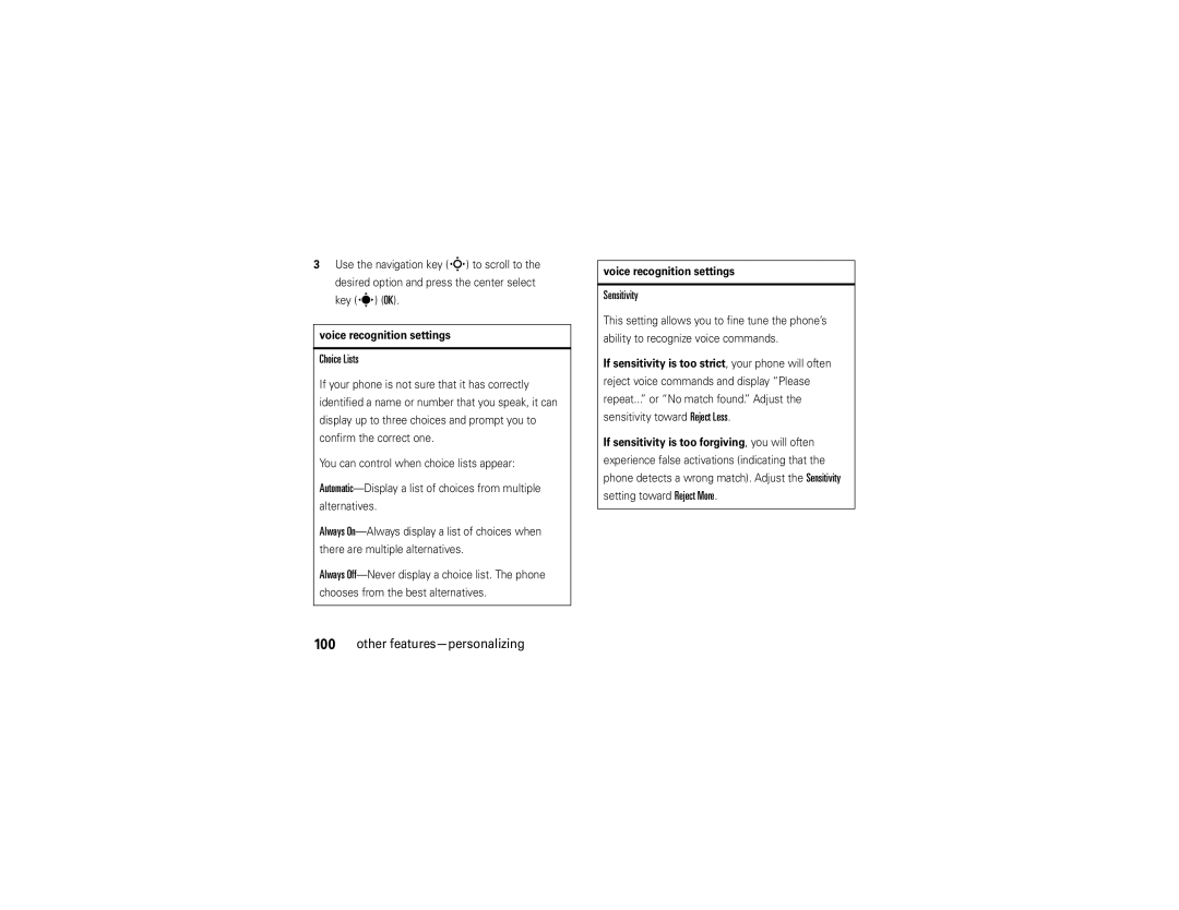 Motorola Z6tv manual Choice Lists, Sensitivity, Voice recognition settings 