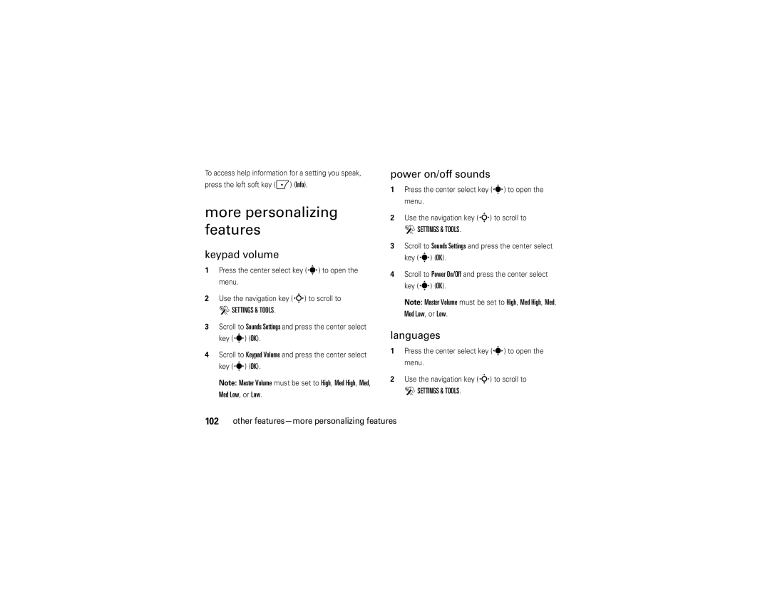 Motorola Z6tv manual More personalizing features, Keypad volume, Power on/off sounds, Languages 