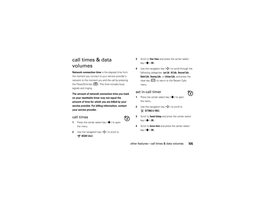 Motorola Z6tv manual Call times & data volumes, Set in-call timer, Other features-call times & data volumes 