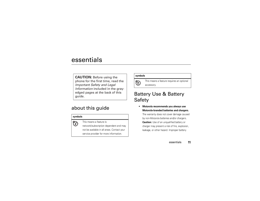 Motorola Z6tv manual Essentials, About this guide, Battery Use & Battery Safety, Symbols 