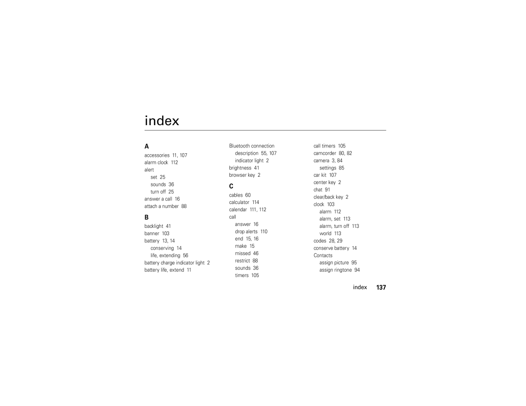 Motorola Z6tv manual Index, Backlight 41 banner 103 battery 13 