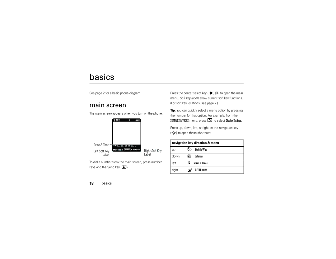 Motorola Z6tv manual Basics, Main screen 