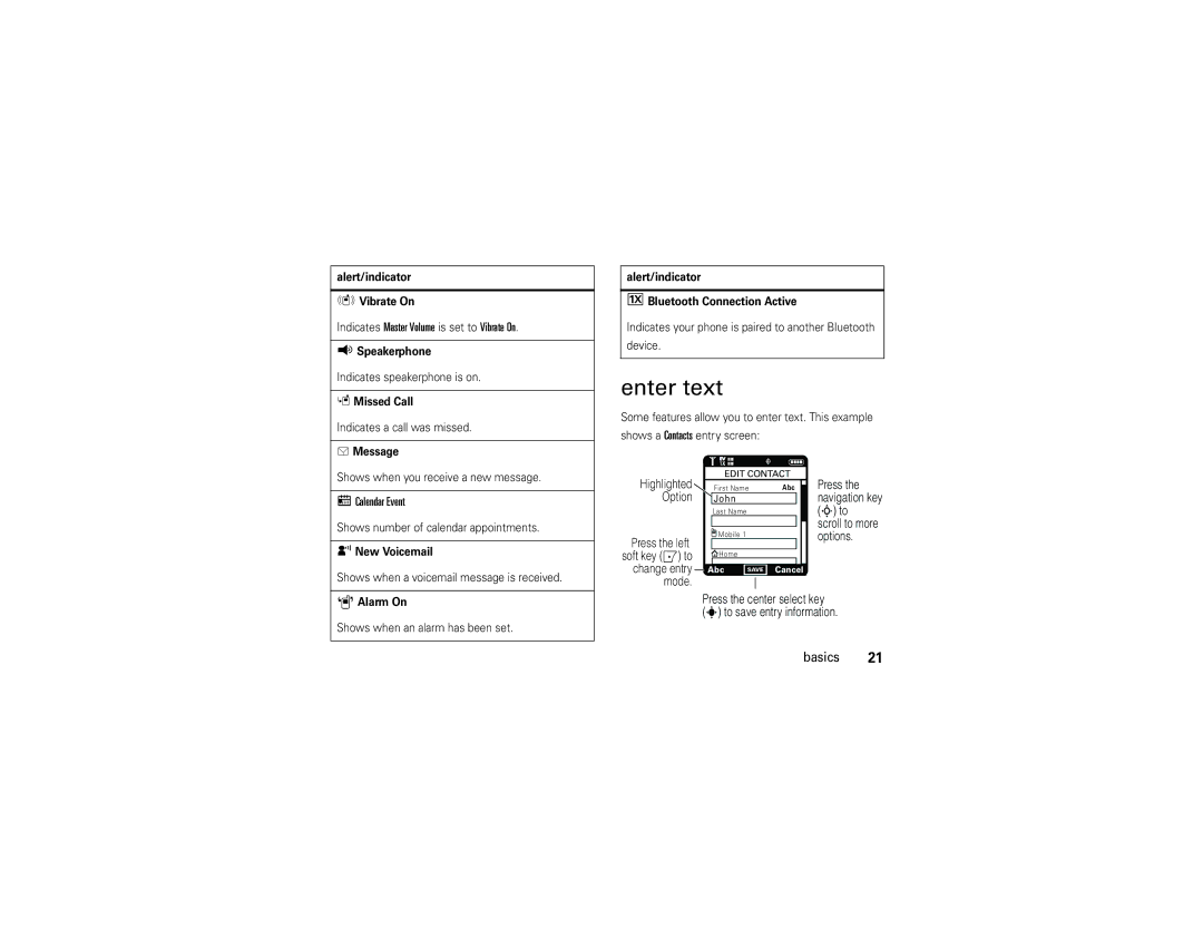 Motorola Z6tv manual Enter text, Indicates Master Volume is set to Vibrate On, Calendar Event 