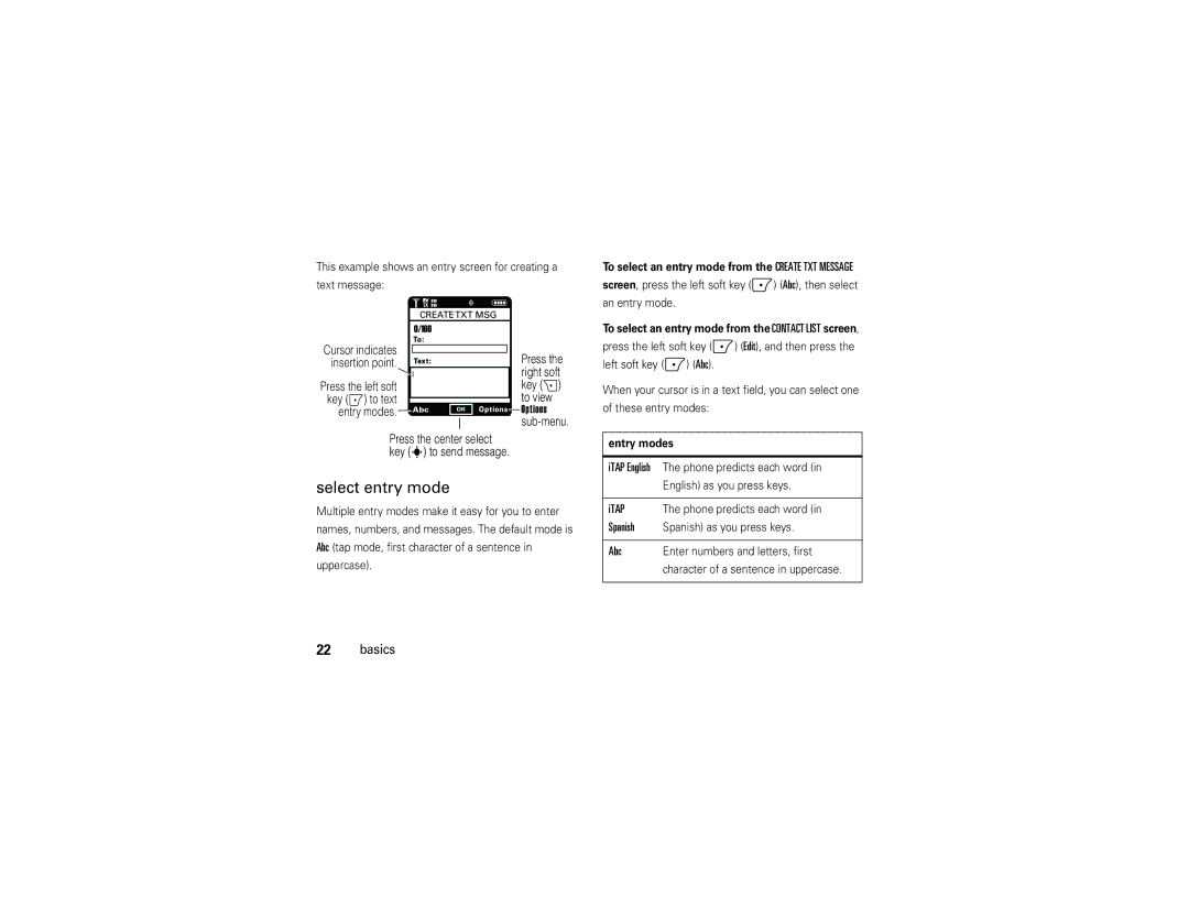 Motorola Z6tv manual Select entry mode, Itap, Spanish, Abc, Entry modes 