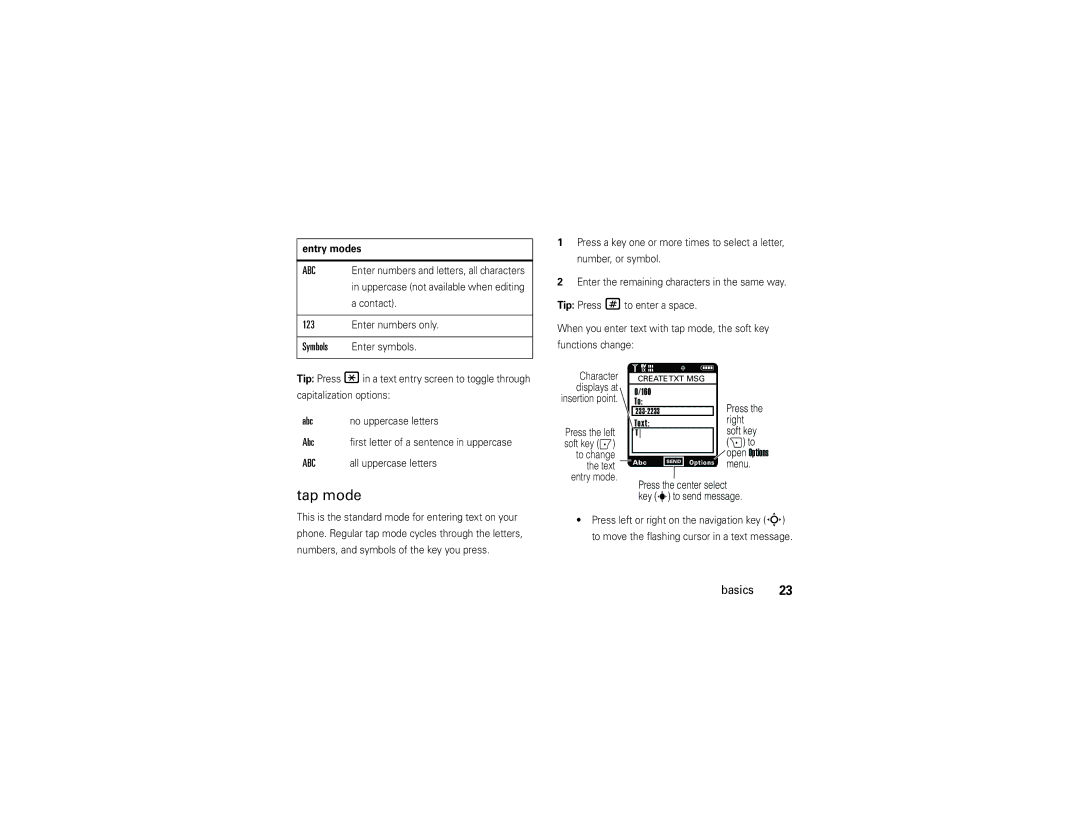 Motorola Z6tv manual Tap mode, Contact, No uppercase letters, All uppercase letters 