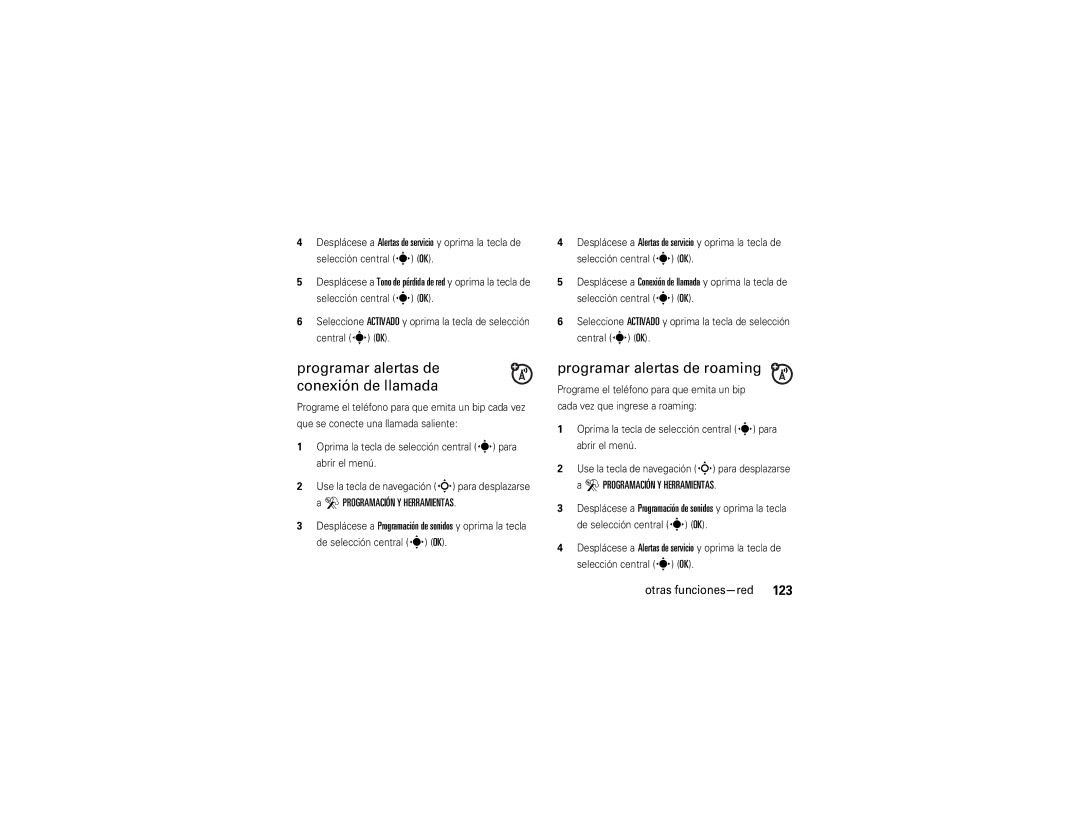 Motorola Z6tv Programar alertas de conexión de llamada, Programar alertas de roaming, Selección central s OK, Central s OK 