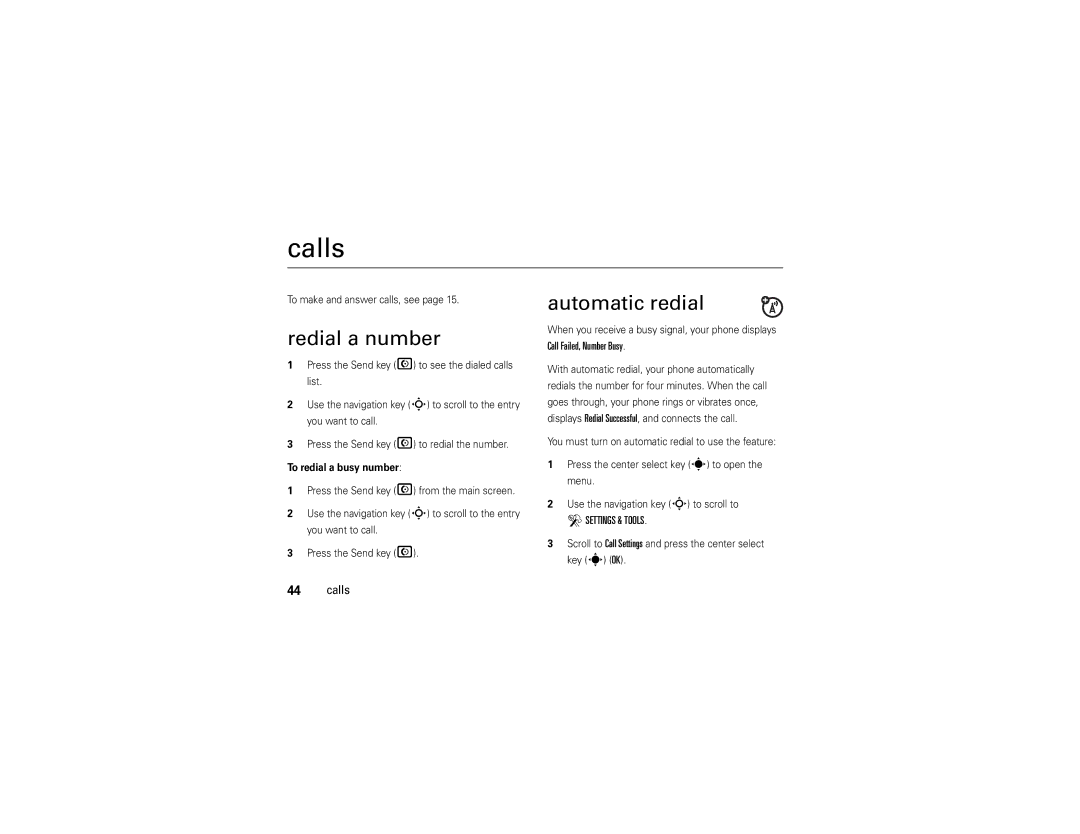 Motorola Z6tv manual Calls, Redial a number, Automatic redial, Call Failed, Number Busy 