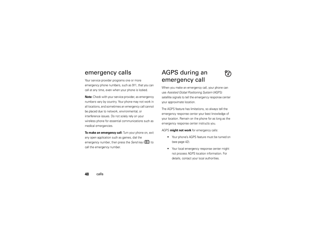Motorola Z6tv manual Emergency calls, Agps during an emergency call 