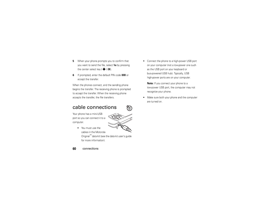 Motorola Z6tv manual Cable connections, Make sure both your phone and the computer are turned on 