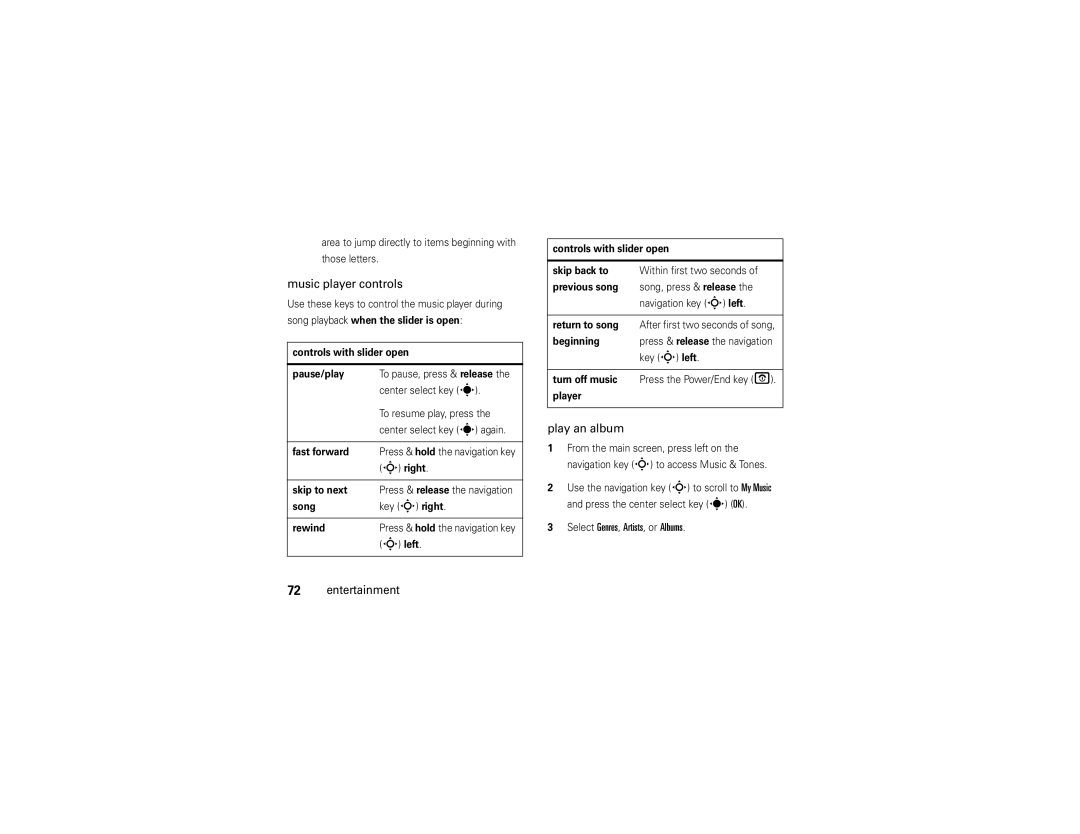 Motorola Z6tv manual Music player controls, Play an album, Select Genres, Artists, or Albums Entertainment 