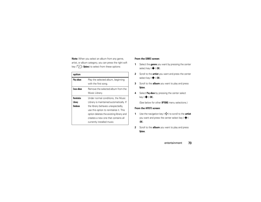 Motorola Z6tv manual Options Entertainment, From the Genres screen, From the Artists screen 