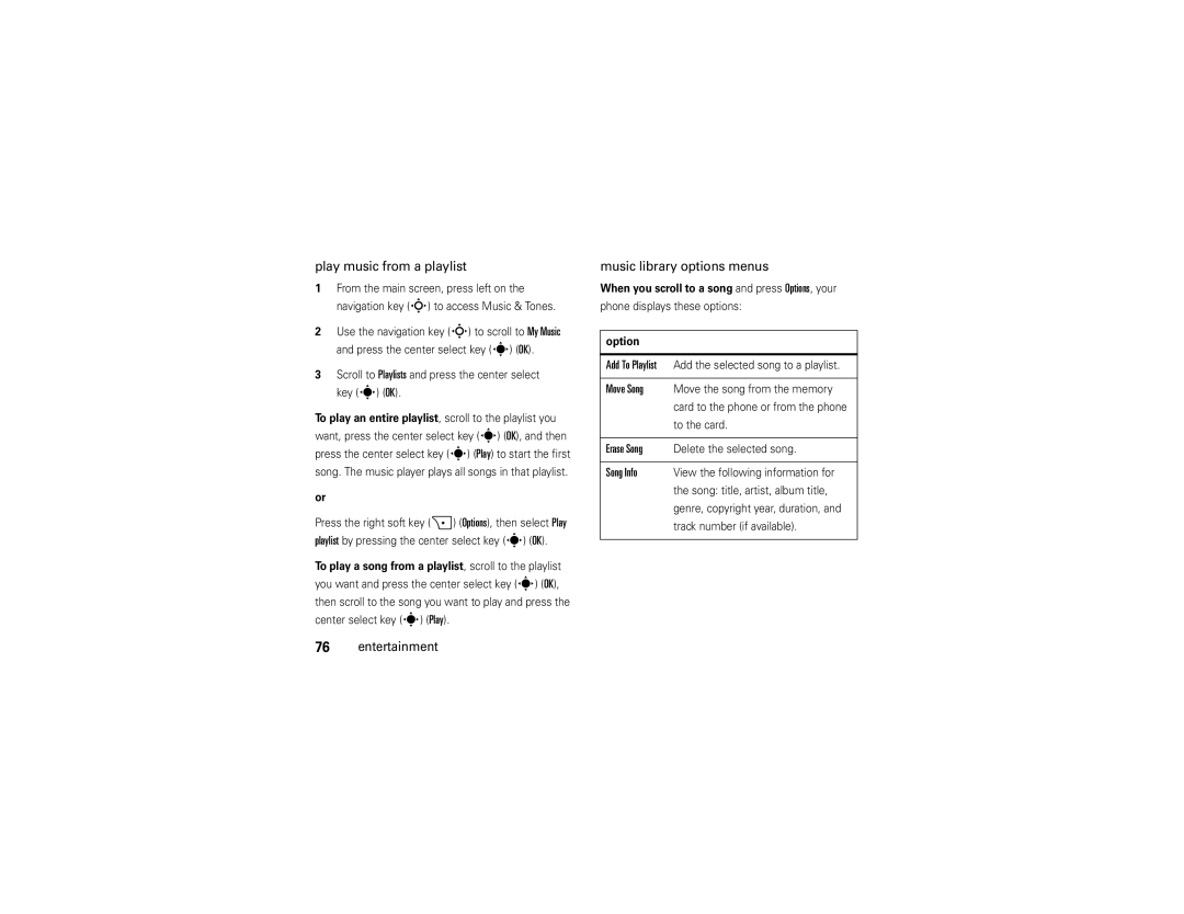 Motorola Z6tv Play music from a playlist, Entertainment Music library options menus, Move Song, Erase Song, Song Info 