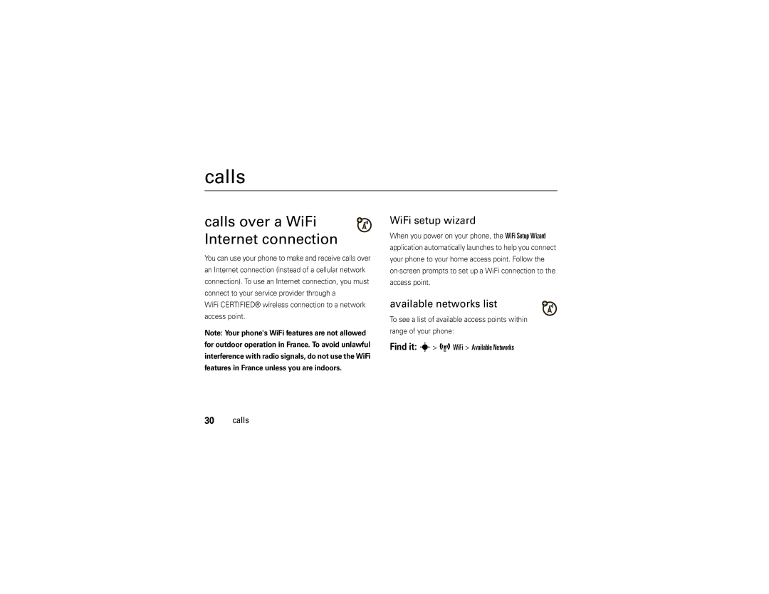 Motorola Z6w manual Calls over a WiFi Internet connection, WiFi setup wizard, Available networks list 