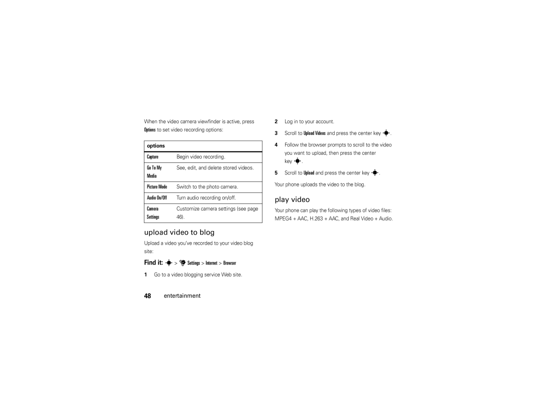 Motorola Z6w manual Upload video to blog, Play video, Settings 