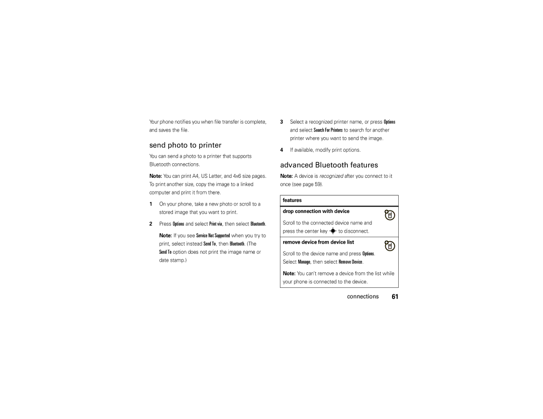 Motorola Z6w manual Send photo to printer, Advanced Bluetooth features, If available, modify print options 