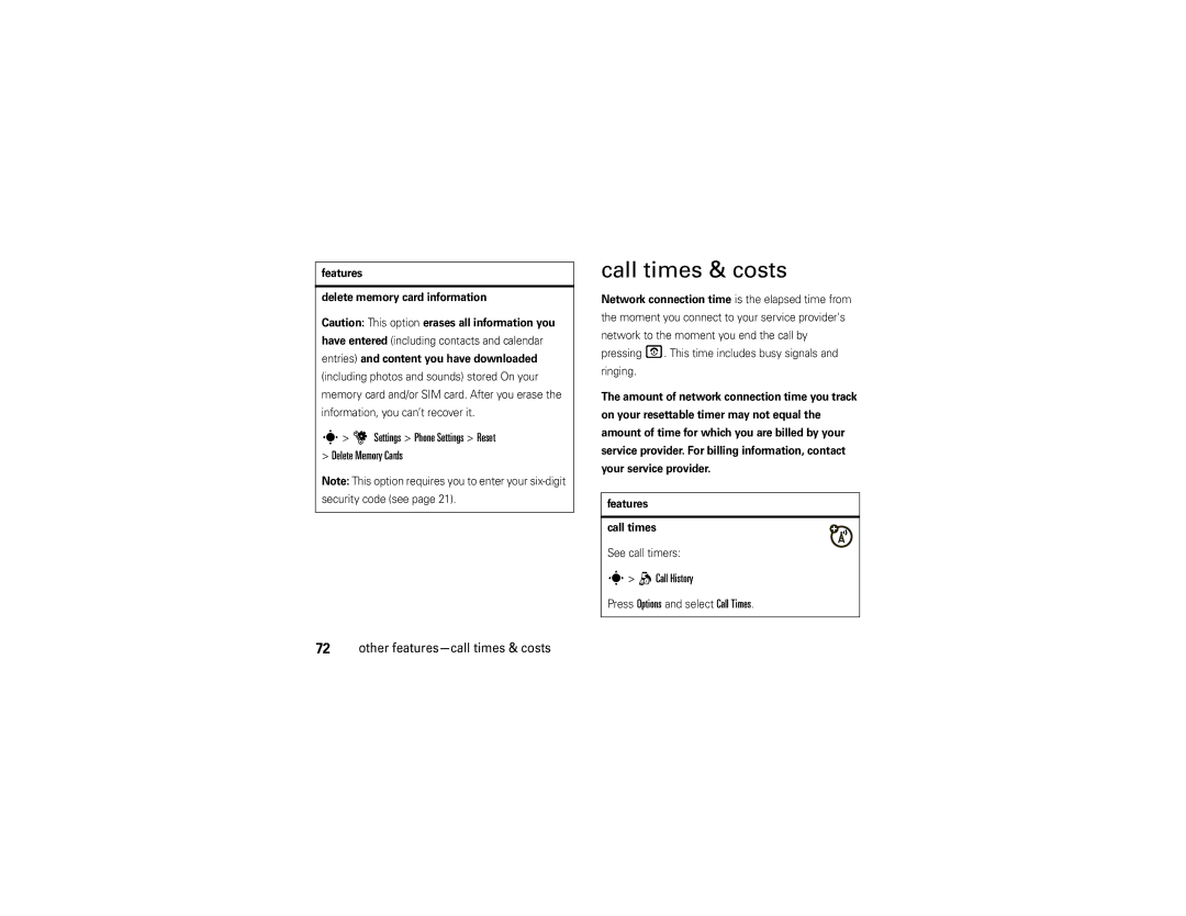 Motorola Z6w manual Call times & costs, Settings Phone Settings Reset Delete Memory Cards, Call History 