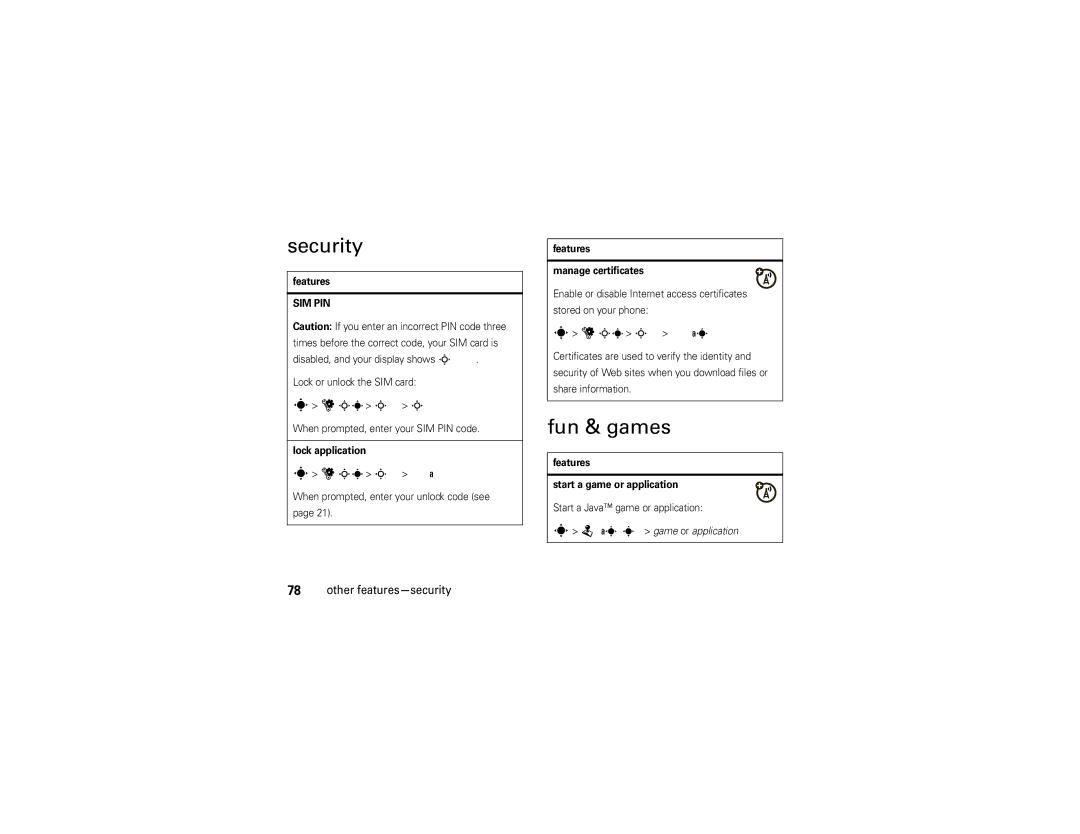 Motorola Z6w manual Security, Fun & games 
