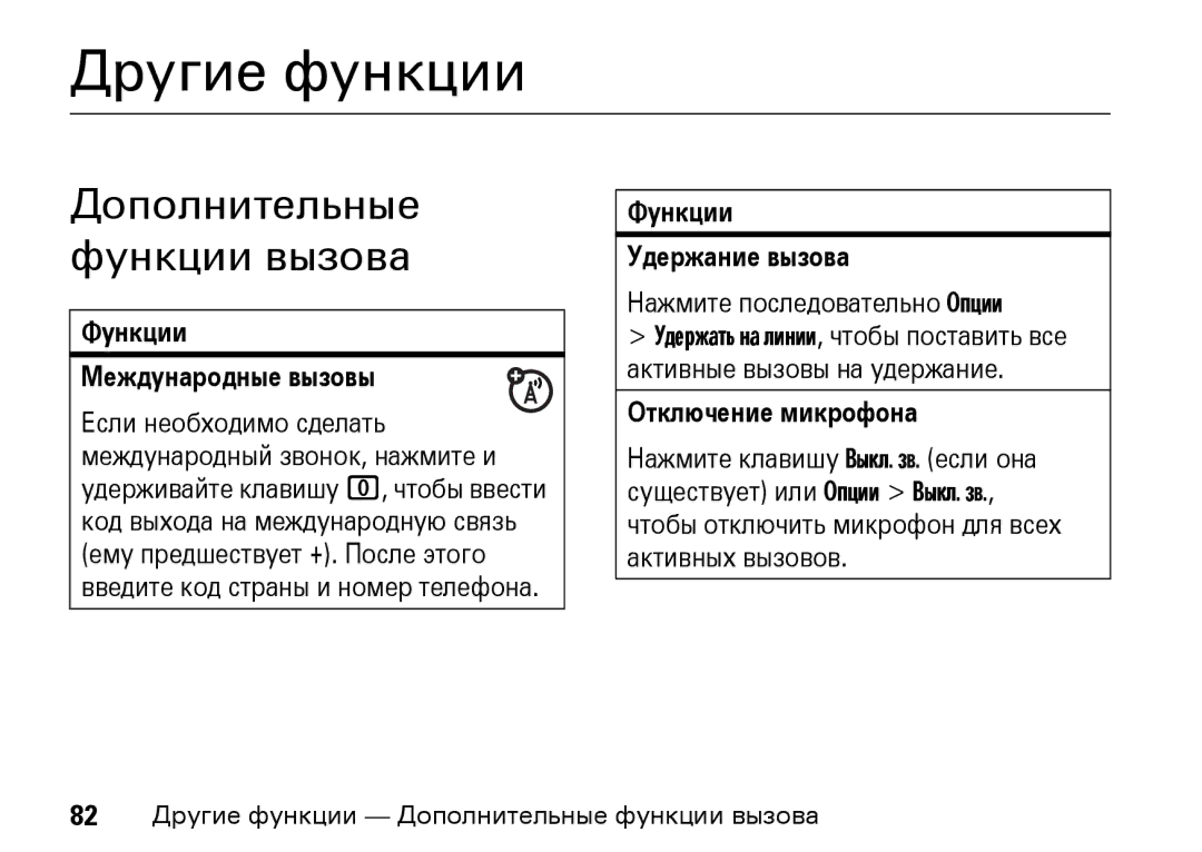 Motorola Z8 3G Дополнительные функции вызова, Функции Международные вызовы, Функции Удержание вызова, Отключение микрофона 