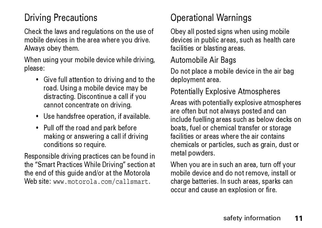 Motorola Z8 manual Driving Precautions, Do not place a mobile device in the air bag deployment area 