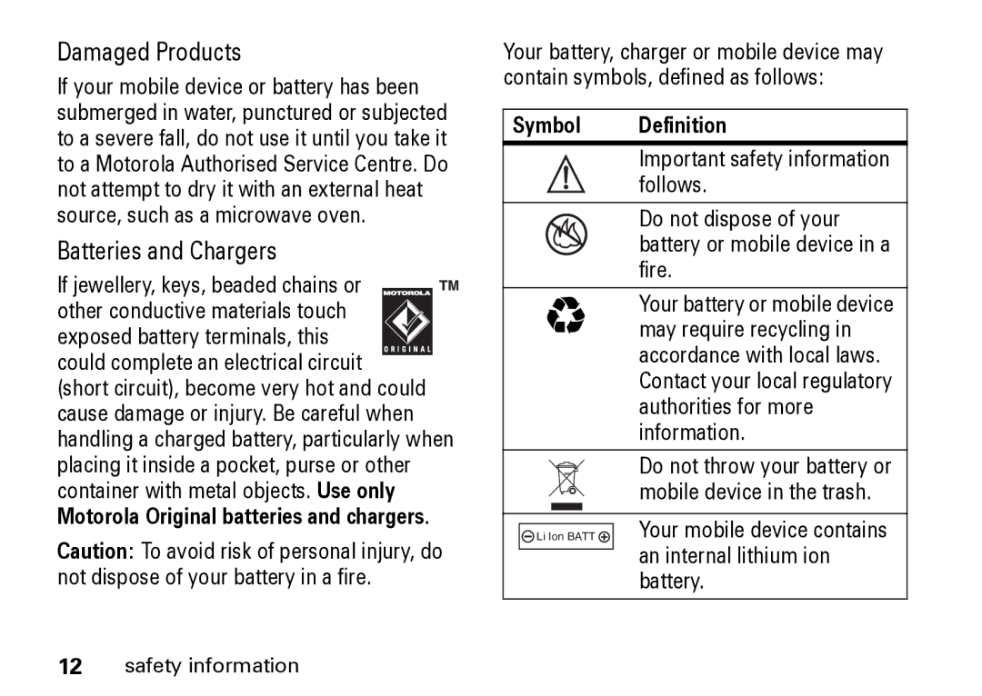 Motorola Z8 manual Symbol Definition, Mobile device in the trash, An internal lithium ion, Battery 