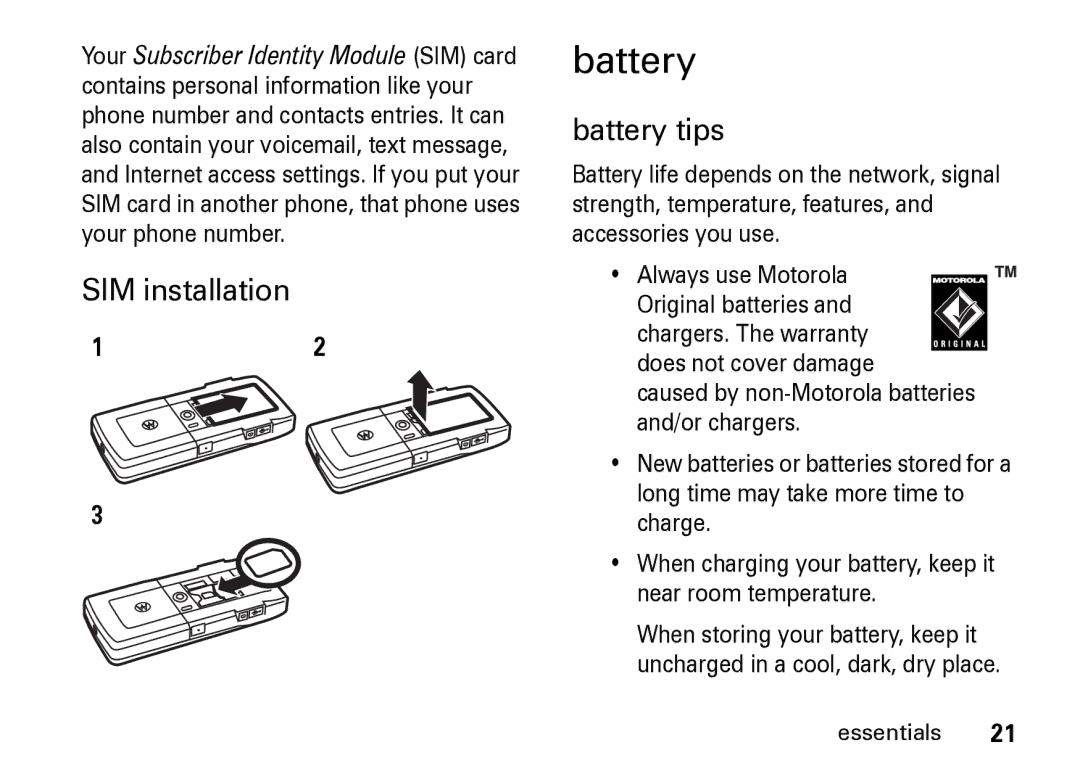 Motorola Z8 manual SIM installation, Battery tips 