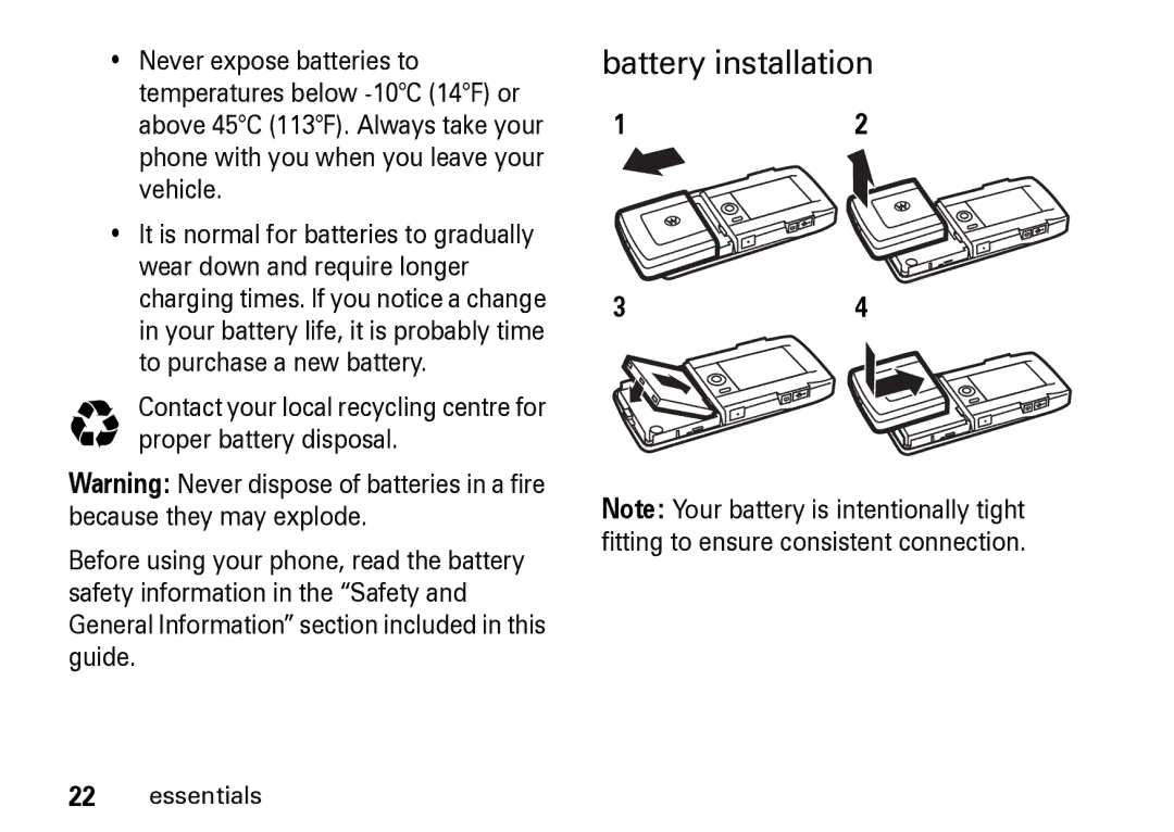 Motorola Z8 manual Battery installation 