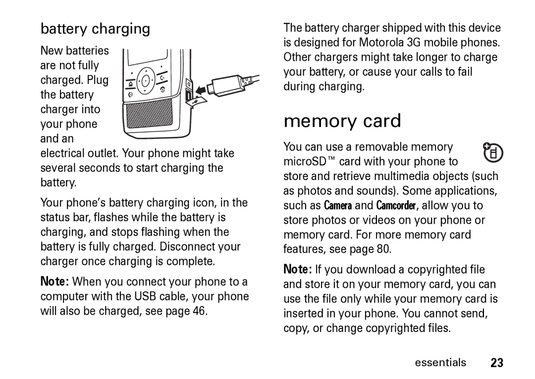 Motorola Z8 manual Memory card, Battery charging, New batteries Are not fully 