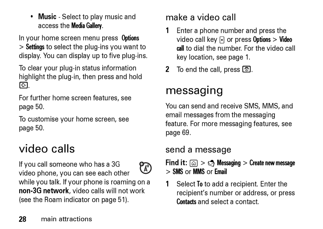 Motorola Z8 manual Video calls, Messaging, Make a video call, Send a message 