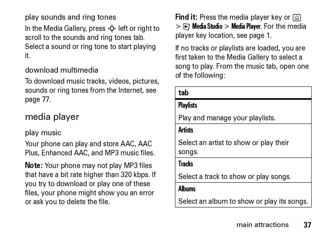 Motorola Z8 manual Media player, Find it Press the media player key or g, Tab 