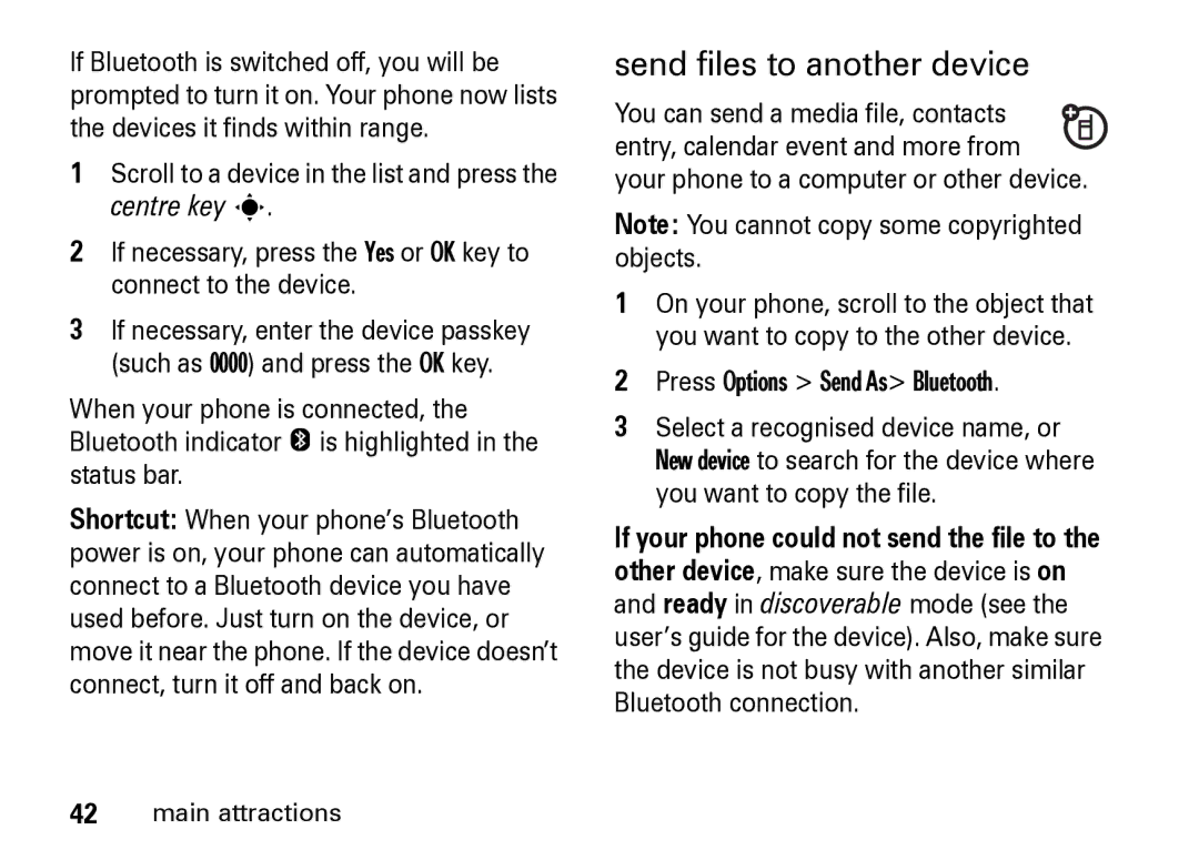 Motorola Z8 manual Send files to another device, Press Options Send As Bluetooth 