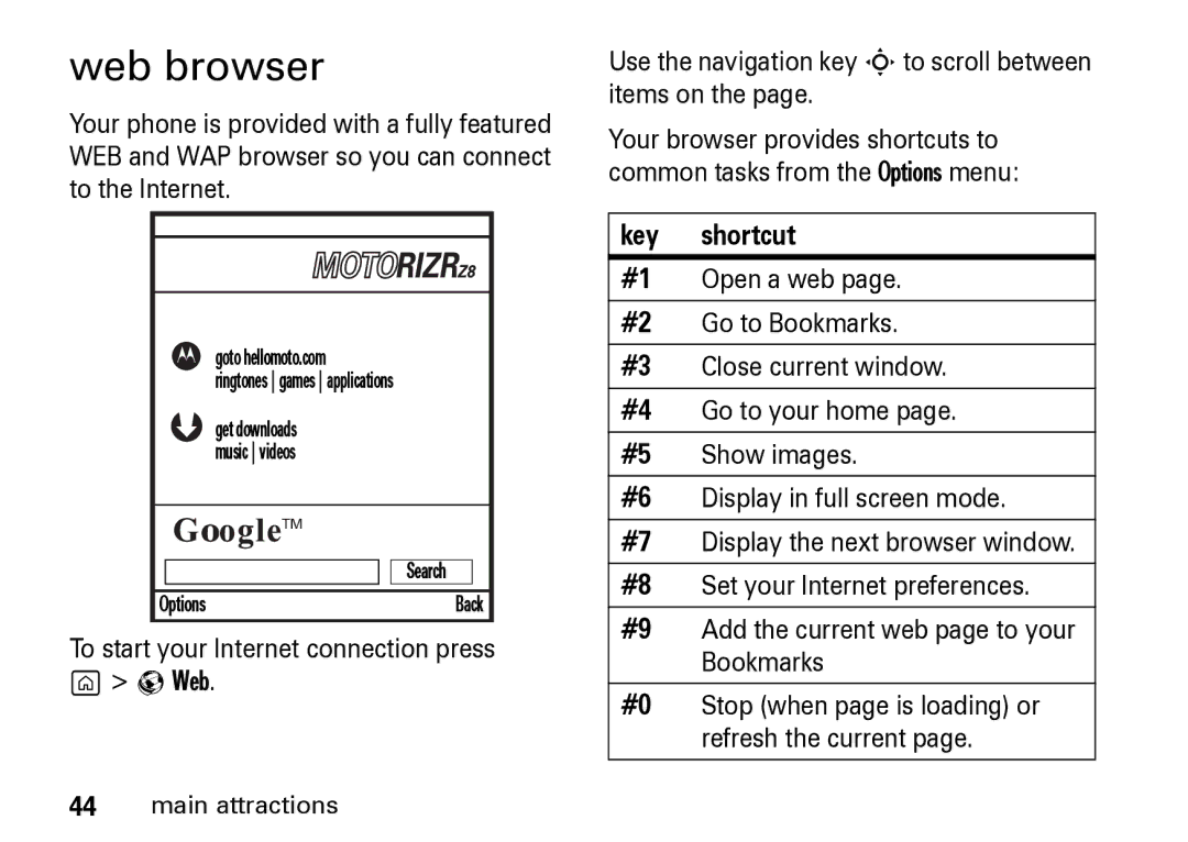 Motorola Z8 manual Web browser, Set your Internet preferences, Bookmarks, Stop when page is loading or, Refresh the current 