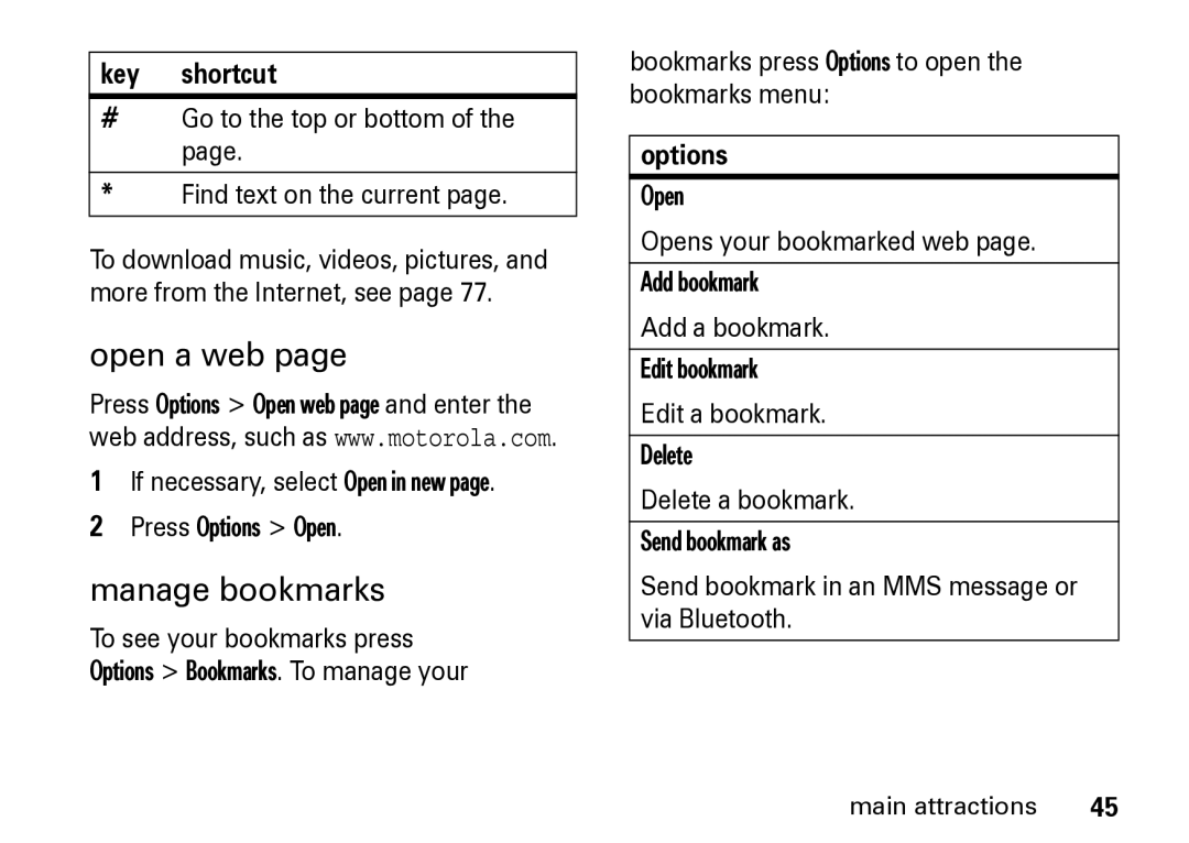 Motorola Z8 manual Open a web, Manage bookmarks, Key shortcut 