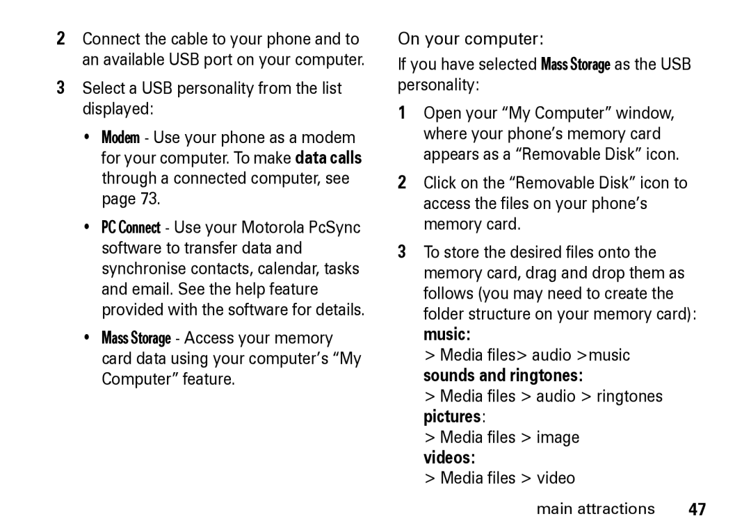 Motorola Z8 manual Select a USB personality from the list displayed, Music, Videos, Media files video 