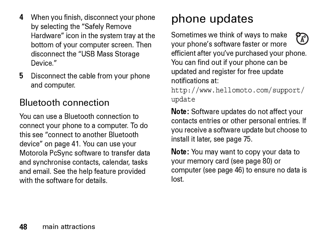 Motorola Z8 manual Phone updates, Bluetooth connection 