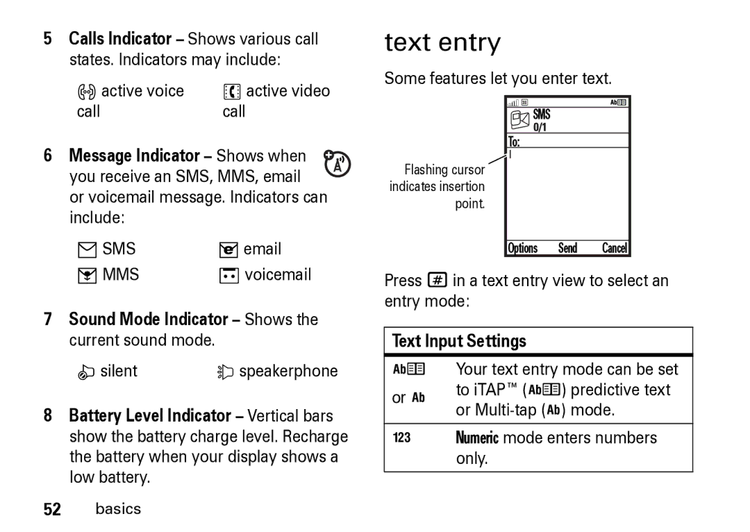 Motorola Z8 manual Text entry, Message Indicator Shows when, Sound Mode Indicator Shows the current sound mode 