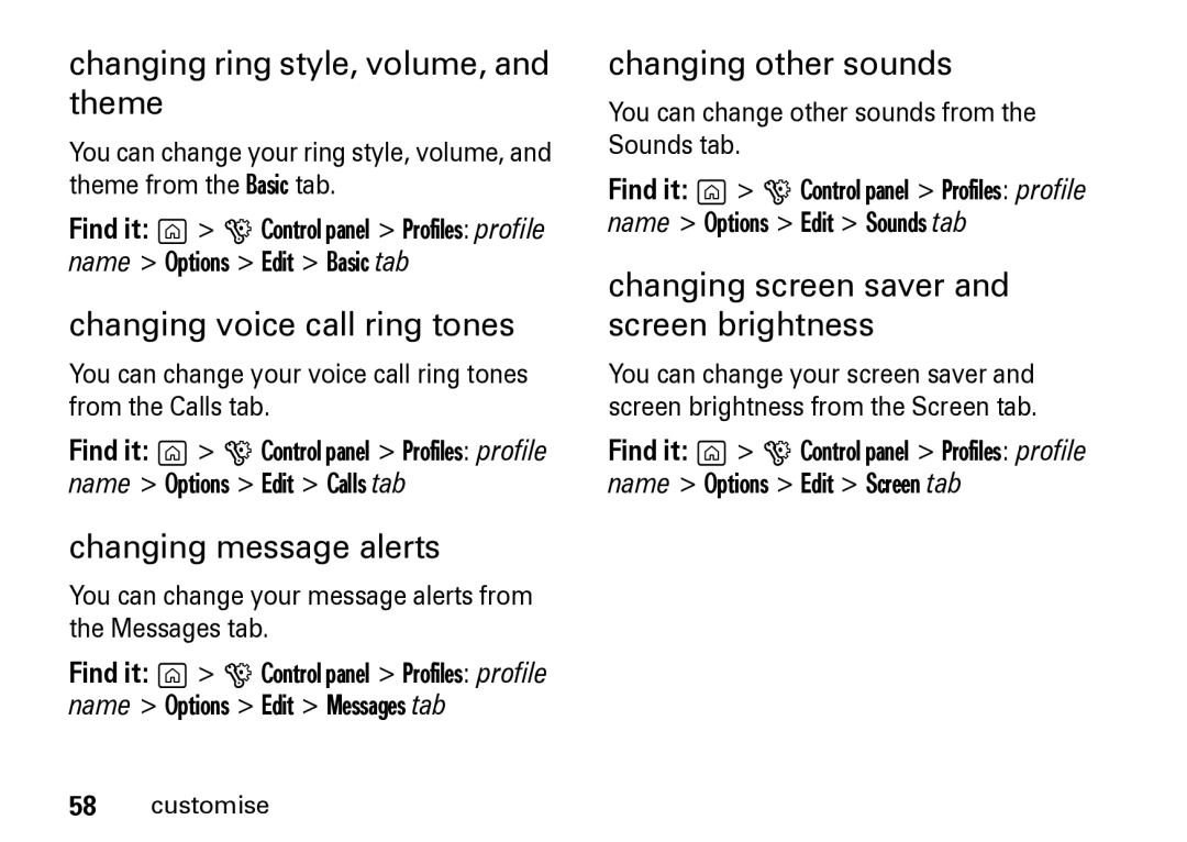 Motorola Z8 manual Changing ring style, volume, and theme, Changing voice call ring tones, Changing message alerts 