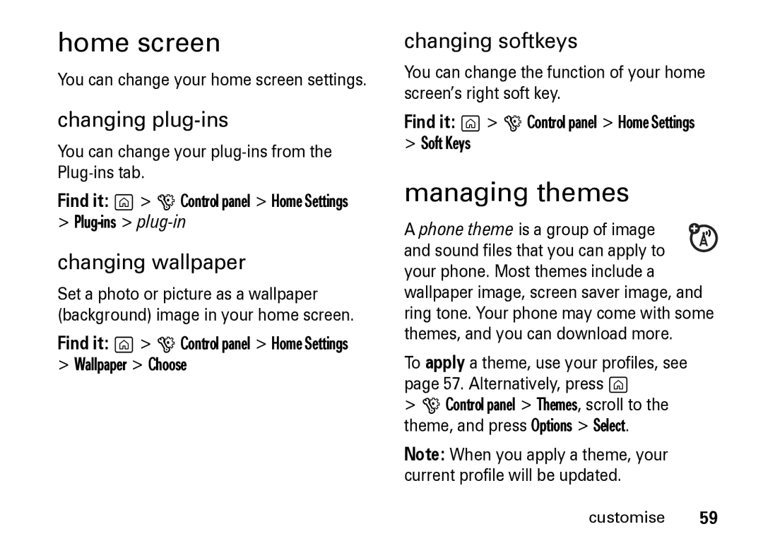 Motorola Z8 manual Managing themes, Changing plug-ins, Changing wallpaper, Changing softkeys 