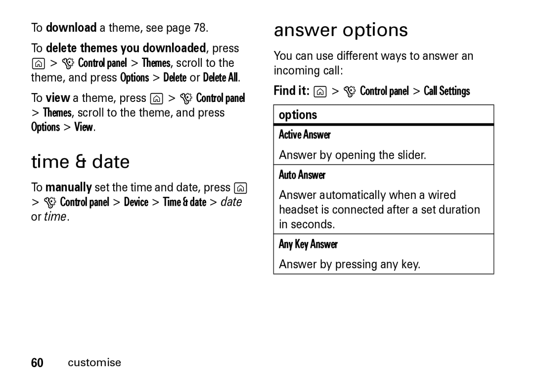 Motorola Z8 manual Time & date, Answer options, To download a theme, see 