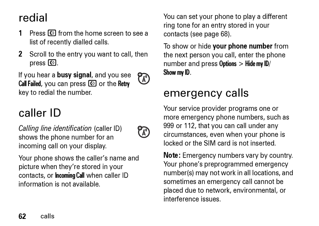 Motorola Z8 manual Redial, Caller ID, Emergency calls 