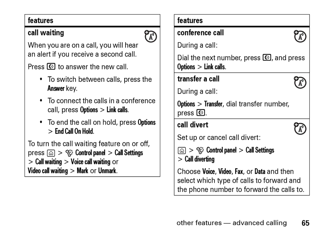 Motorola Z8 manual Features Call waiting, To end the call on hold, press Options End Call On Hold, Features Conference call 