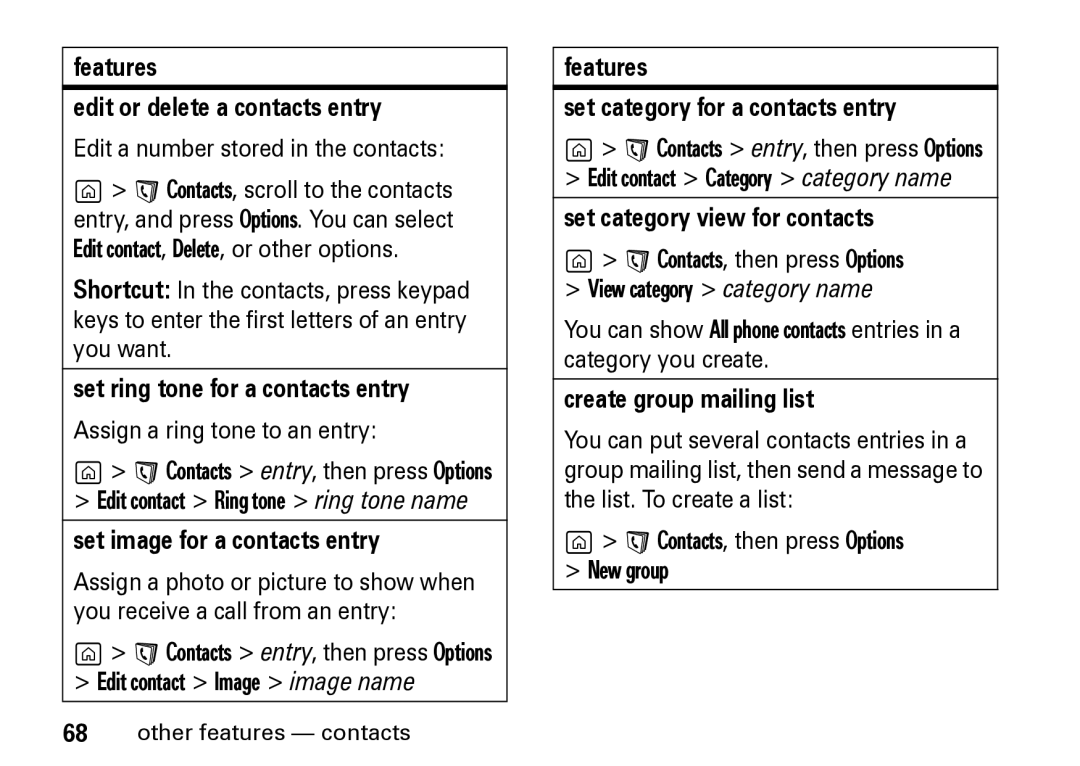 Motorola Z8 Features Edit or delete a contacts entry, Set ring tone for a contacts entry, Set image for a contacts entry 