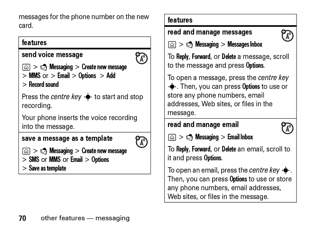 Motorola Z8 manual Features Send voice message, Save a message as a template, Features Read and manage messages 